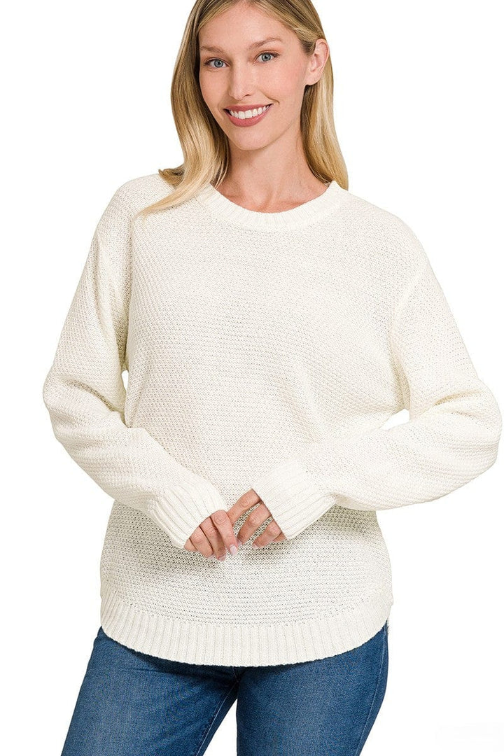 Zenana Round Neck Textured Knit Basic Sweater