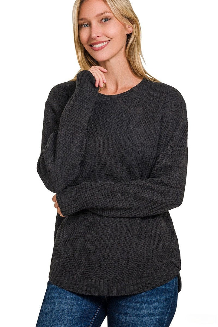 Zenana Round Neck Textured Knit Basic Sweater