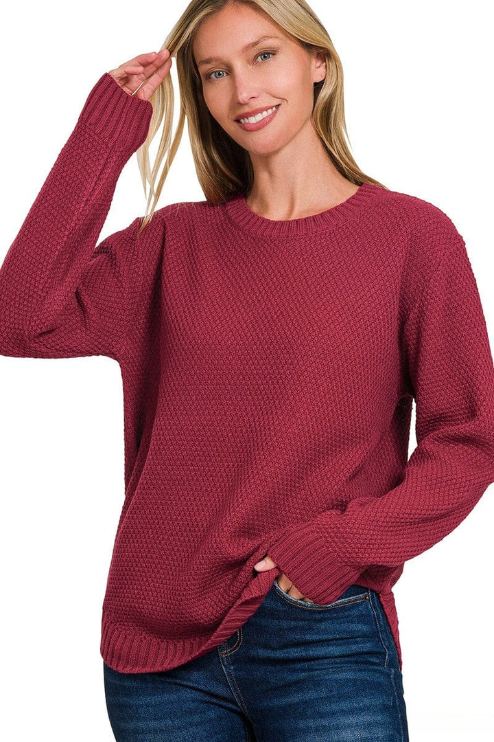 Zenana Round Neck Textured Knit Basic Sweater