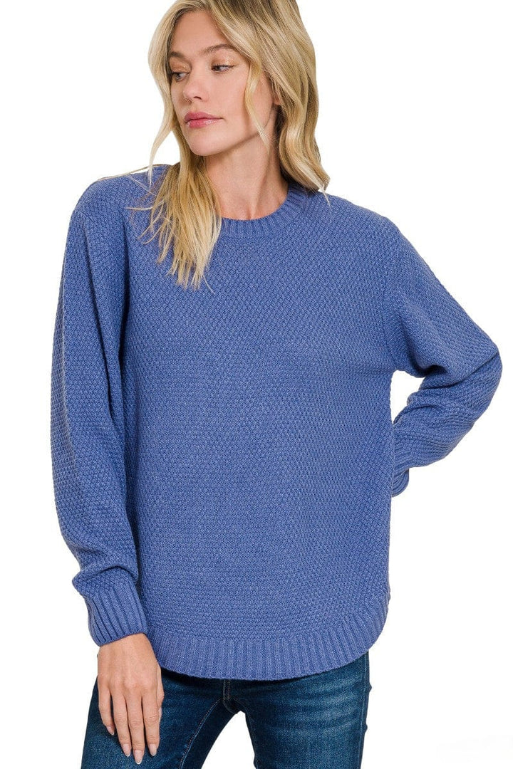 Zenana Round Neck Textured Knit Basic Sweater