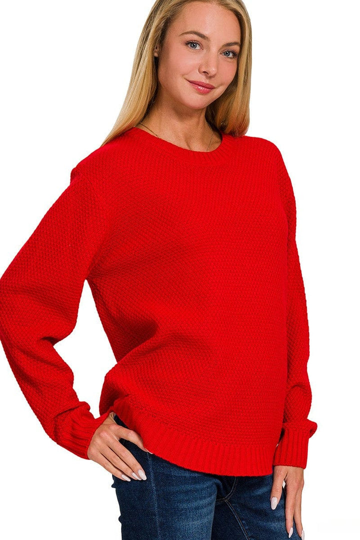 Zenana Round Neck Textured Knit Basic Sweater
