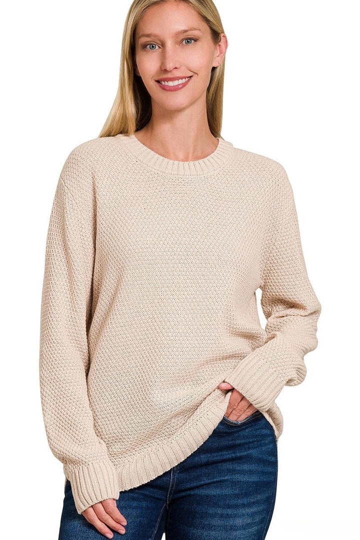 Zenana Round Neck Textured Knit Basic Sweater