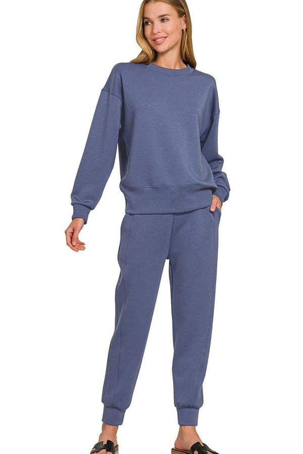 Zenana Scuba Crewneck Pullover and Joggers 2 Piece Set