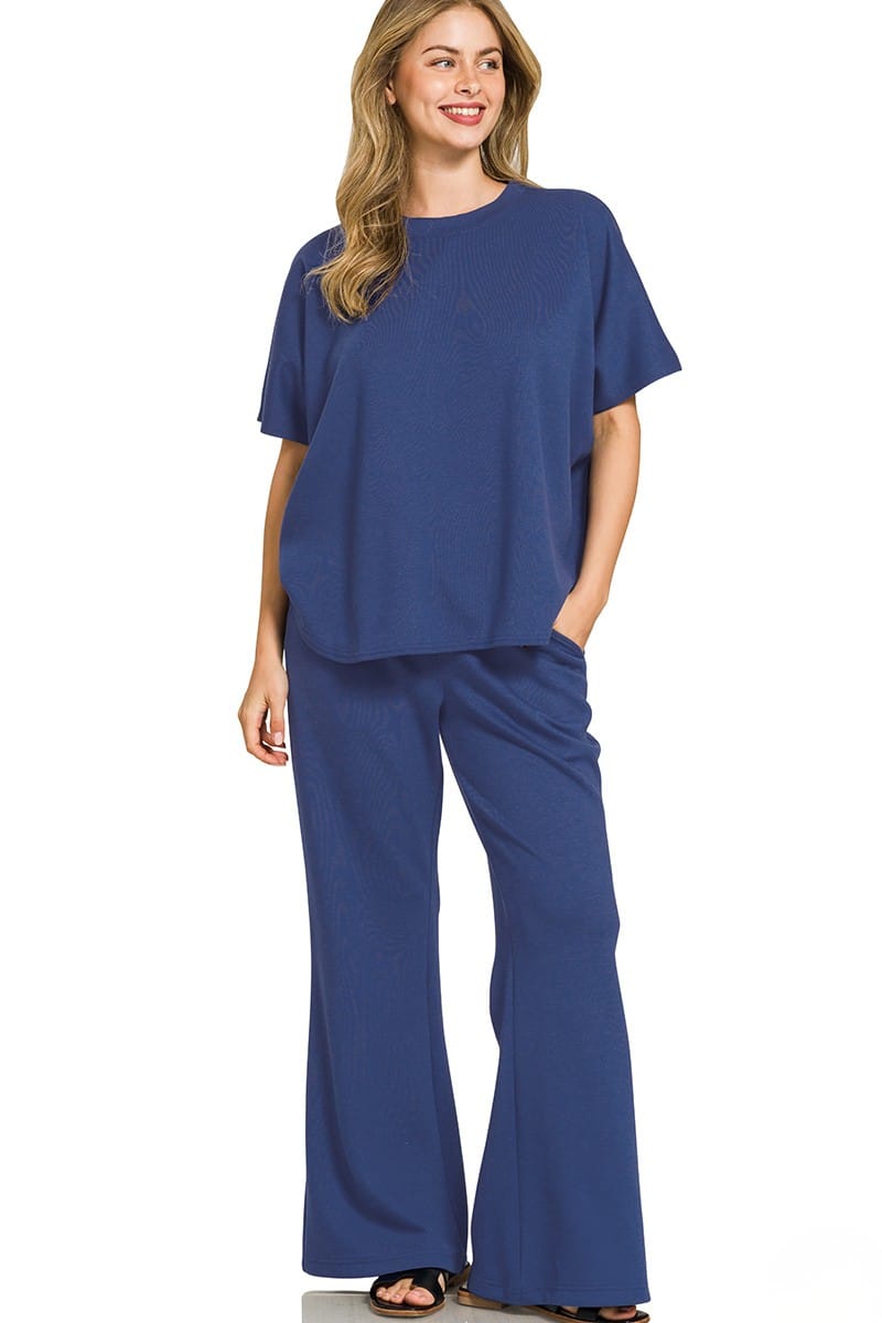 ONE CHANCE テック セットアップ ネイビー XS Zenana Scuba Curved Hem Short Sleeve Top and Pants Set – jfybrand