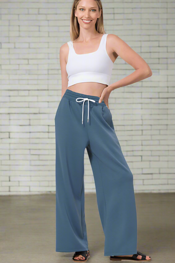Zenana Scuba Drawstring Lightweight Straight Wide Leg Loungewear Sweatpants
