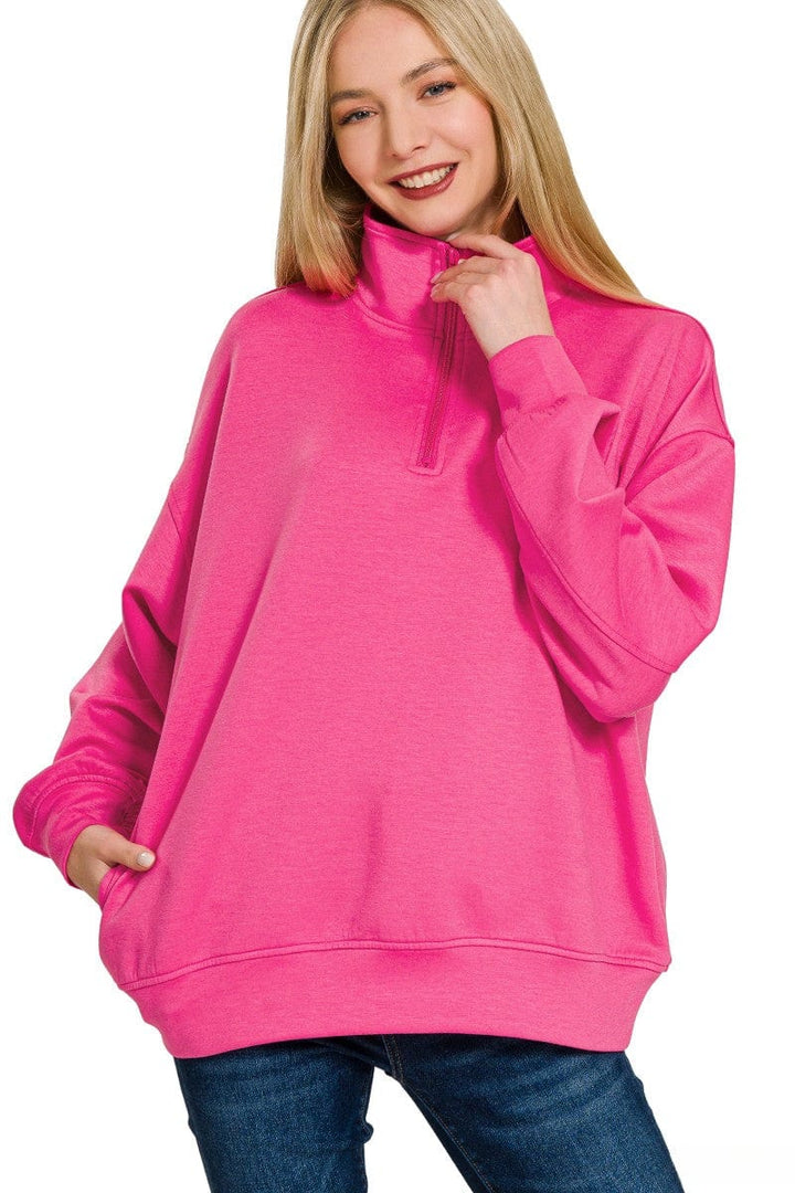 Zenana Scuba Half Zip High Neck Basic Long Sleeve Pullover Top