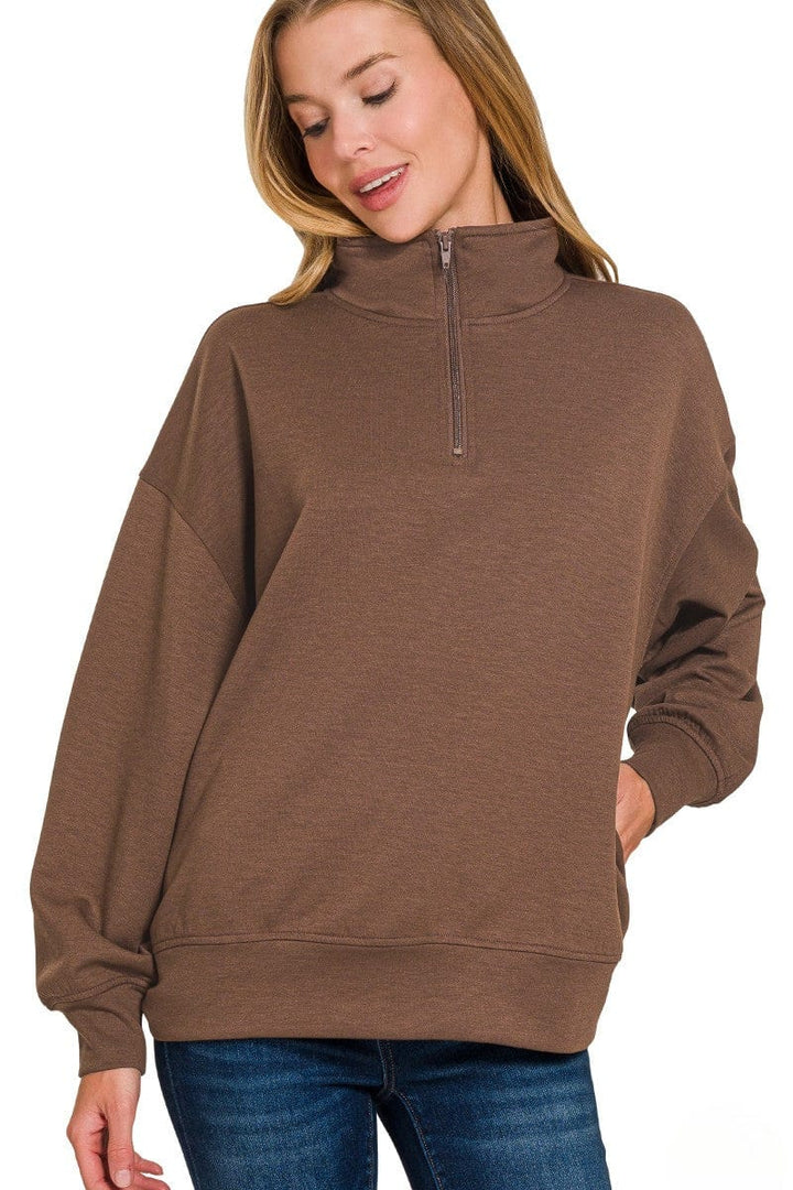 Zenana Scuba Half Zip High Neck Basic Long Sleeve Pullover Top