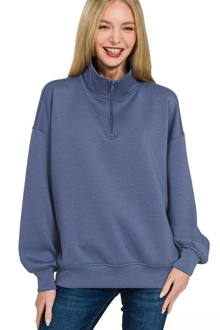 Zenana Scuba Half Zip High Neck Basic Long Sleeve Pullover Top