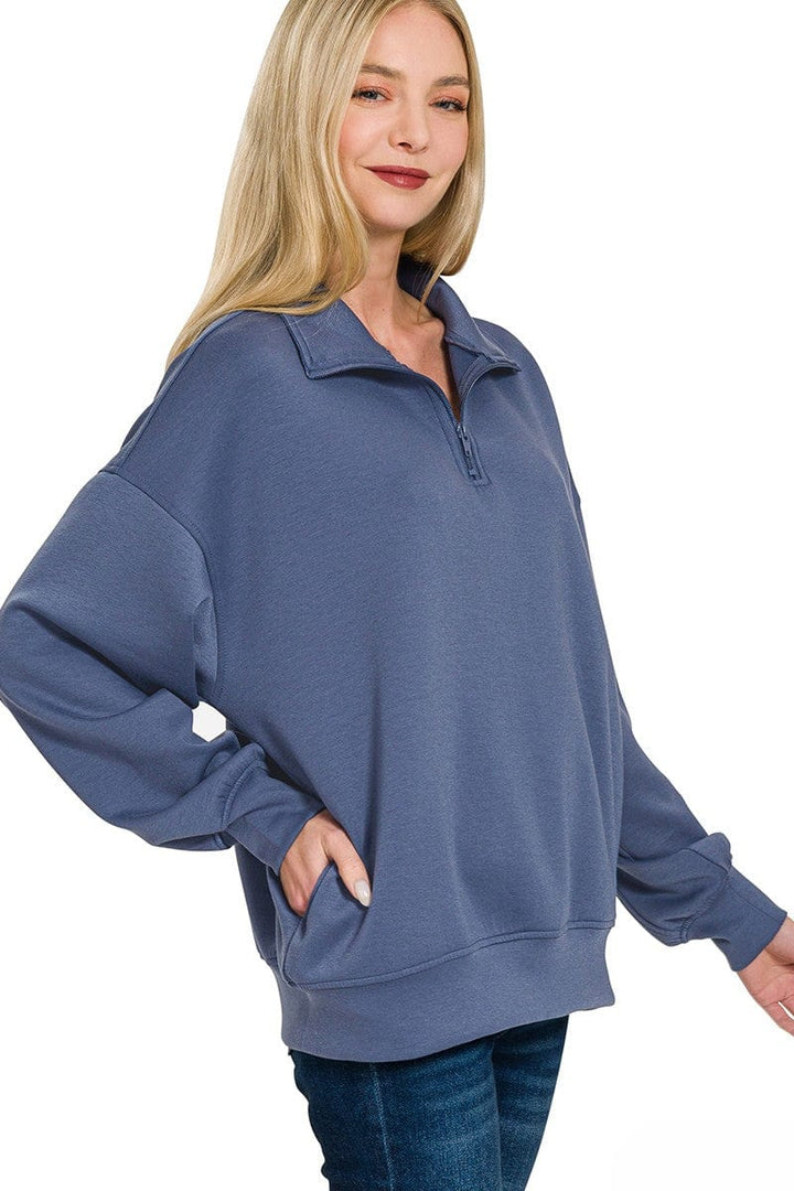 Zenana Scuba Half Zip High Neck Basic Long Sleeve Pullover Top