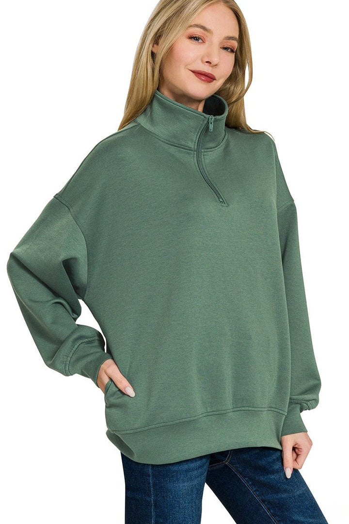 Zenana Scuba Half Zip High Neck Basic Long Sleeve Pullover Top