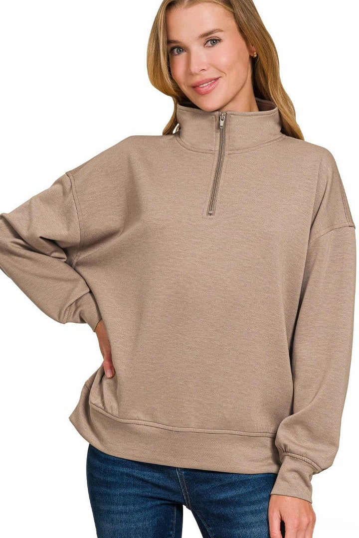 Zenana Scuba Half Zip High Neck Basic Long Sleeve Pullover Top