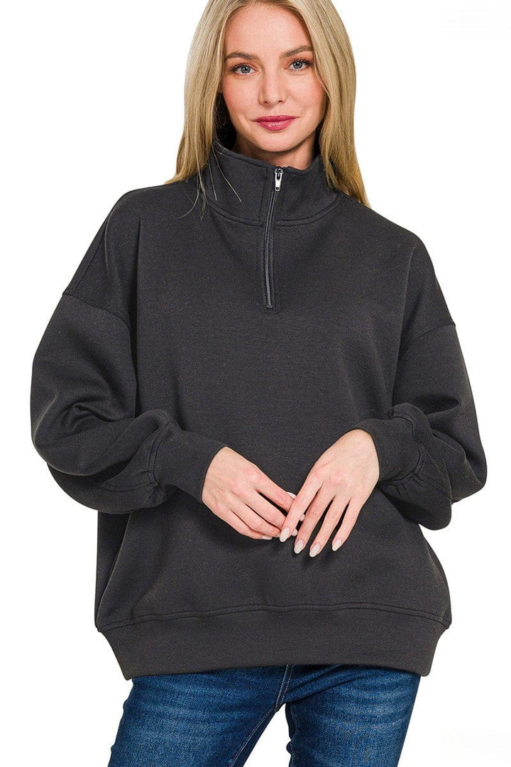 Zenana Scuba Half Zip High Neck Basic Long Sleeve Pullover Top