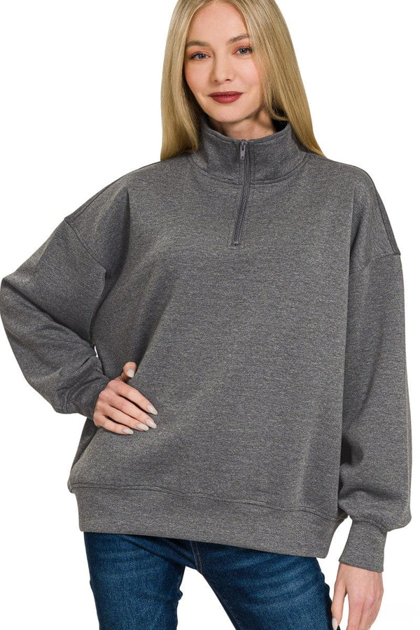 Zenana Scuba Half Zip High Neck Basic Long Sleeve Pullover Top