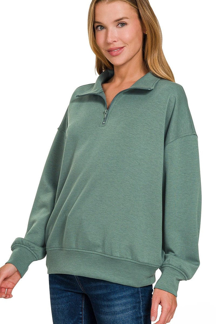 Zenana Scuba Half Zip High Neck Basic Long Sleeve Pullover Top