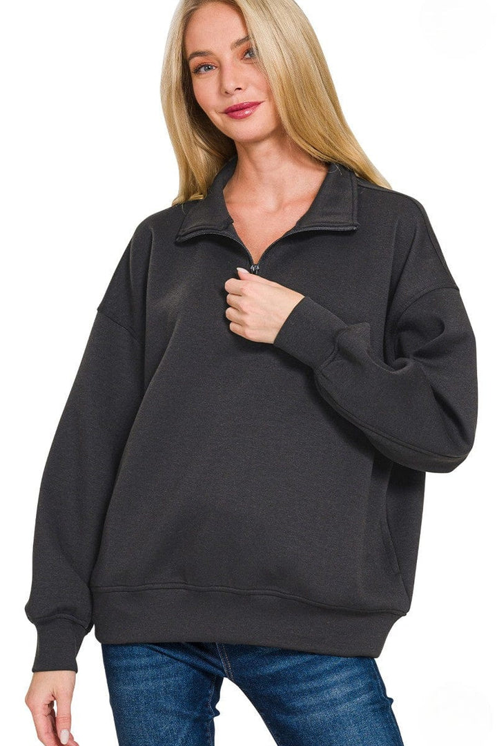 Zenana Scuba Half Zip High Neck Basic Long Sleeve Pullover Top