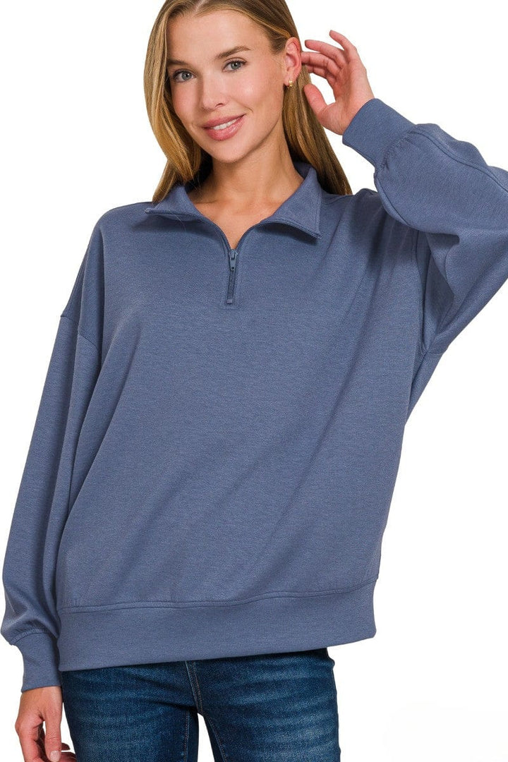 Zenana Scuba Half Zip High Neck Basic Long Sleeve Pullover Top