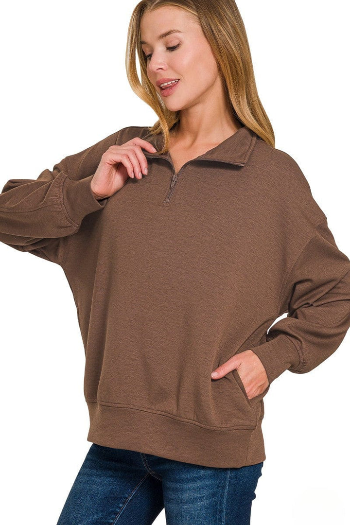 Zenana Scuba Half Zip High Neck Basic Long Sleeve Pullover Top