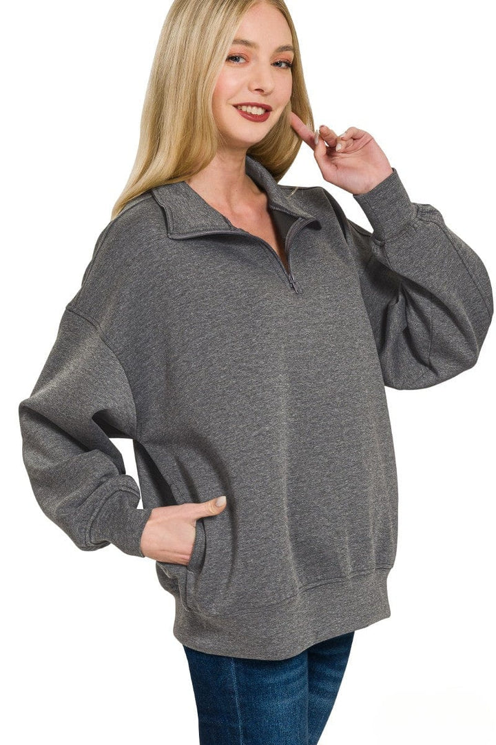 Zenana Scuba Half Zip High Neck Basic Long Sleeve Pullover Top