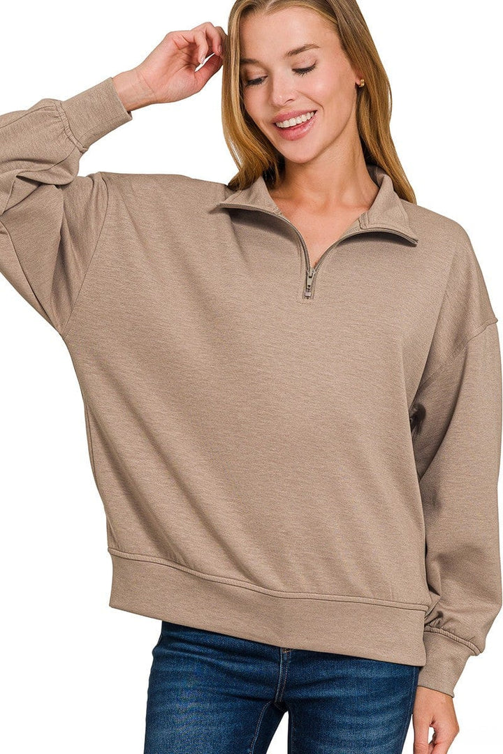 Zenana Scuba Half Zip High Neck Basic Long Sleeve Pullover Top