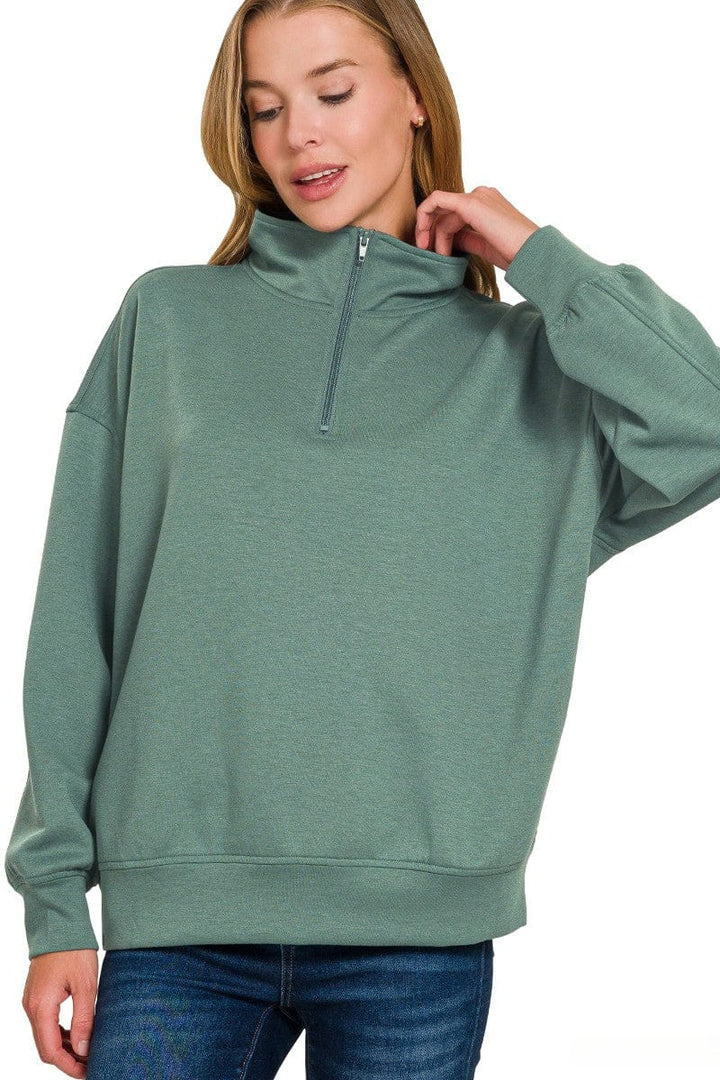 Zenana Scuba Half Zip High Neck Basic Long Sleeve Pullover Top
