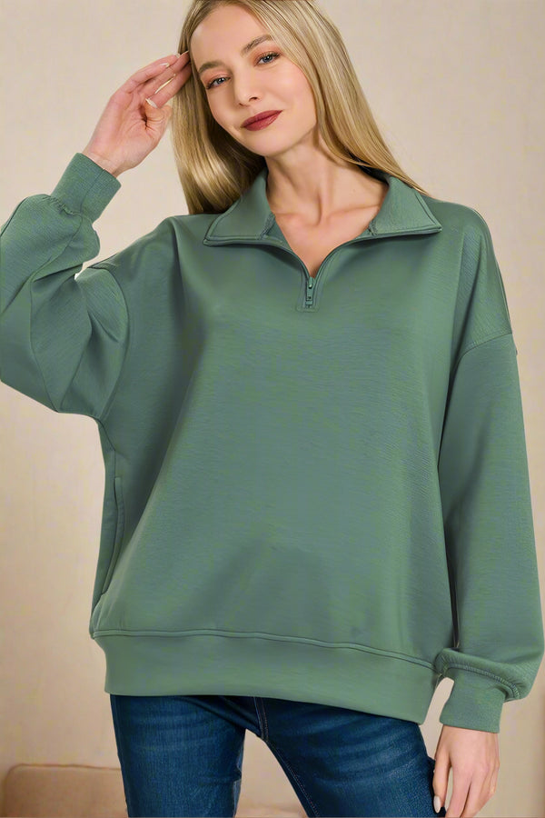 Zenana Scuba Half Zip High Neck Basic Long Sleeve Pullover Top