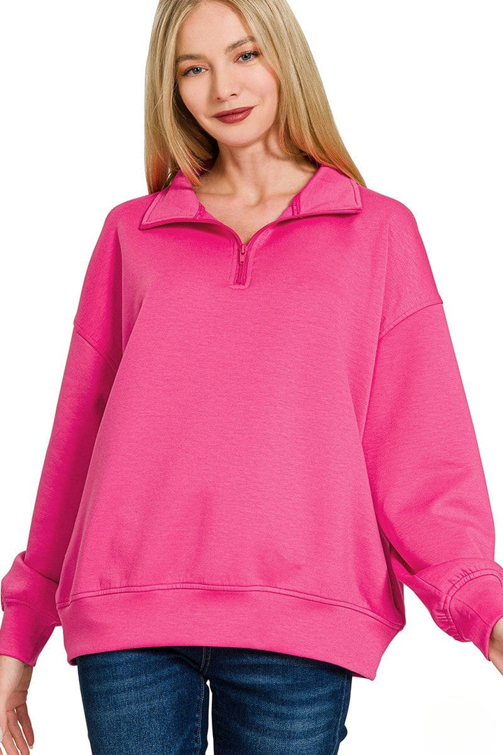 Zenana Scuba Half Zip High Neck Basic Long Sleeve Pullover Top