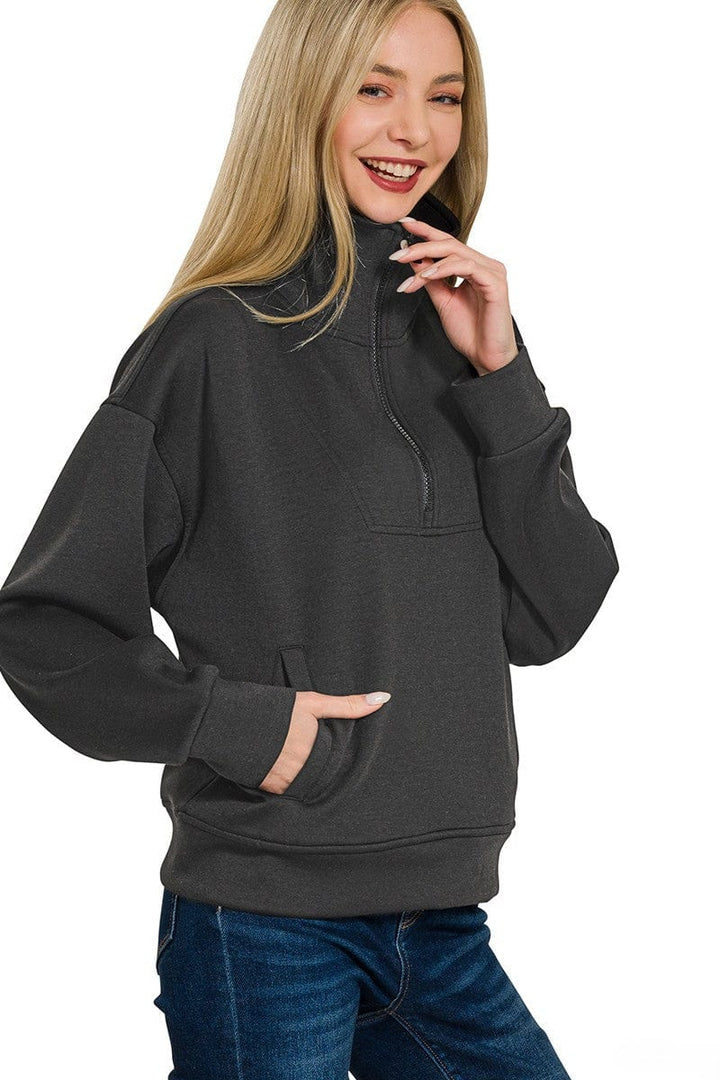 Zenana Scuba Half Zip Pullover with Side Pockets