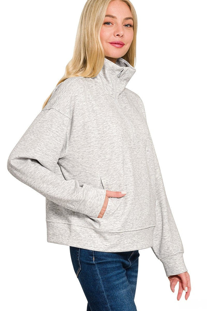 Zenana Scuba Half Zip Pullover with Side Pockets
