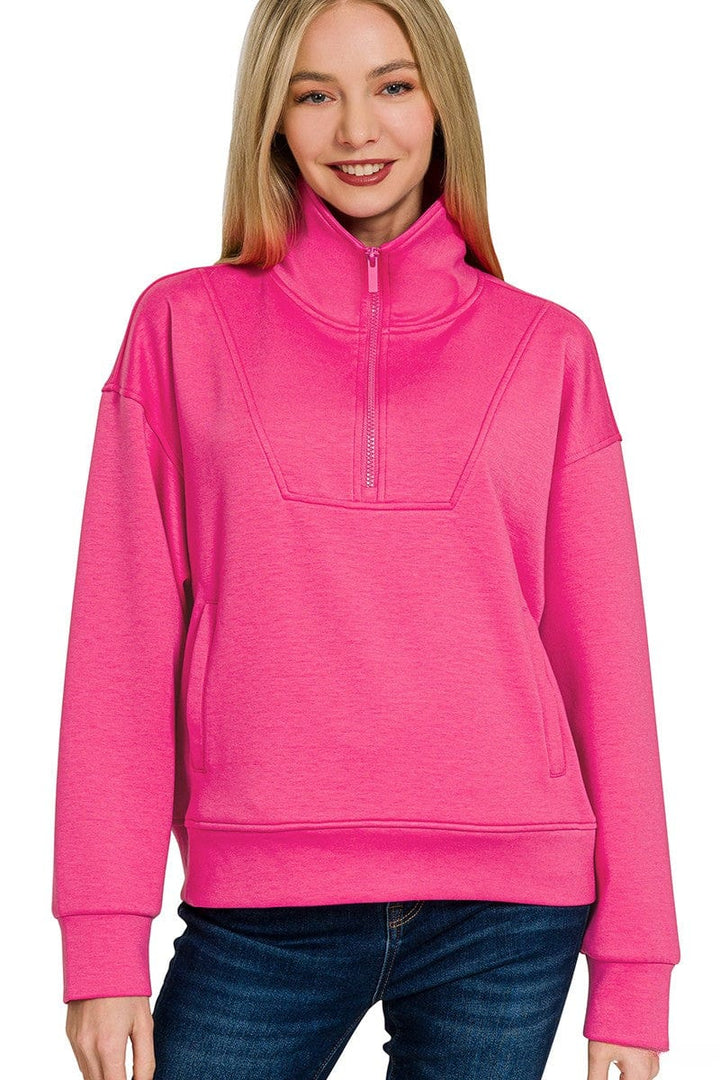 Zenana Scuba Half Zip Pullover with Side Pockets