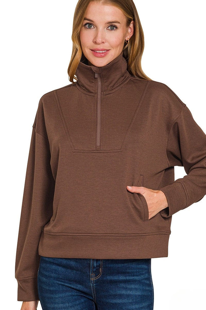 Zenana Scuba Half Zip Pullover with Side Pockets