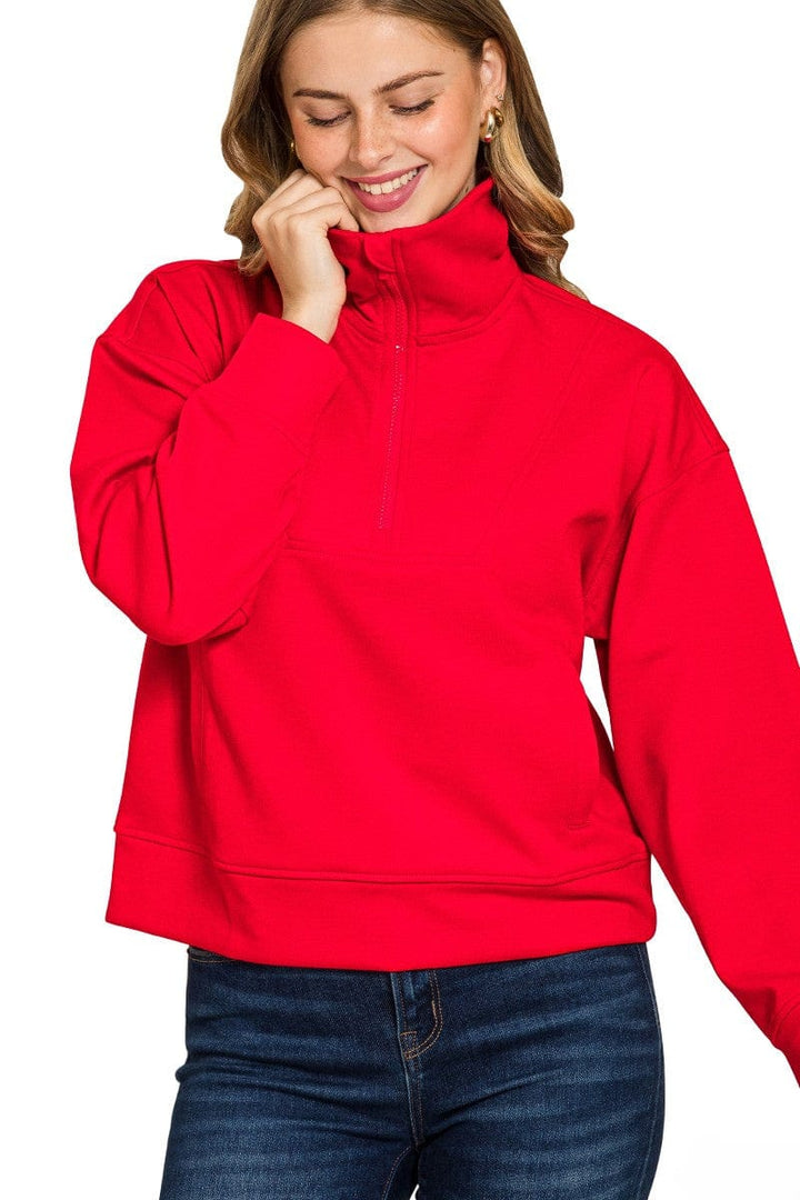 Zenana Scuba Half Zip Pullover with Side Pockets