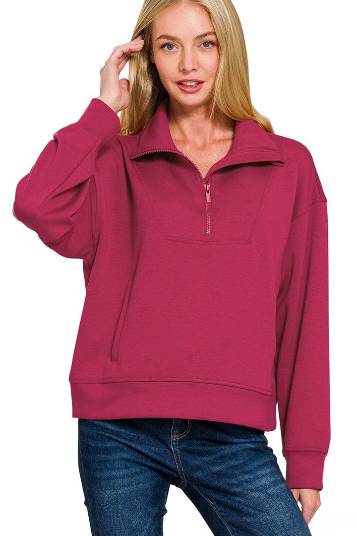 Zenana Scuba Half Zip Pullover with Side Pockets