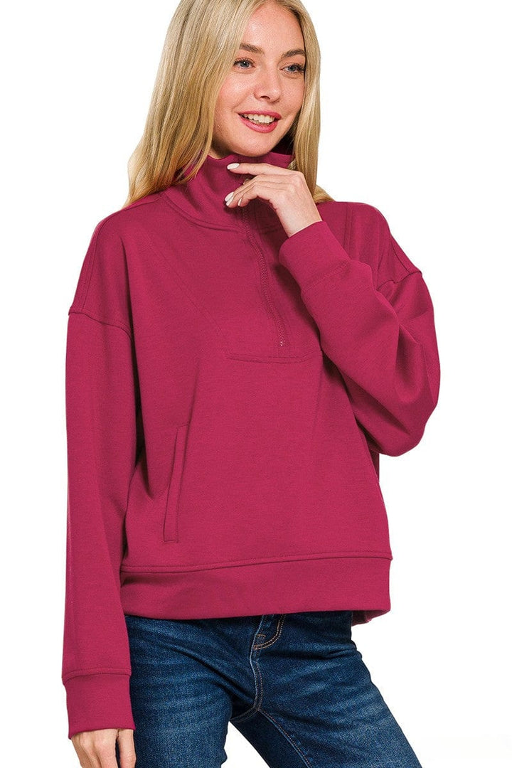 Zenana Scuba Half Zip Pullover with Side Pockets