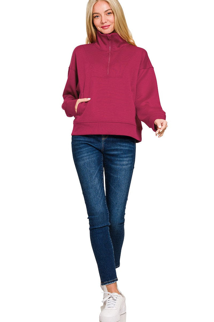 Zenana Scuba Half Zip Pullover with Side Pockets