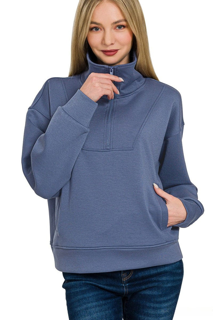 Zenana Scuba Half Zip Pullover with Side Pockets