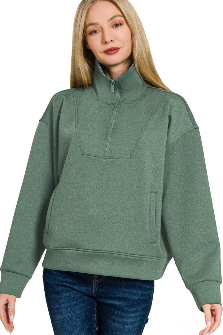 Zenana Scuba Half Zip Pullover with Side Pockets