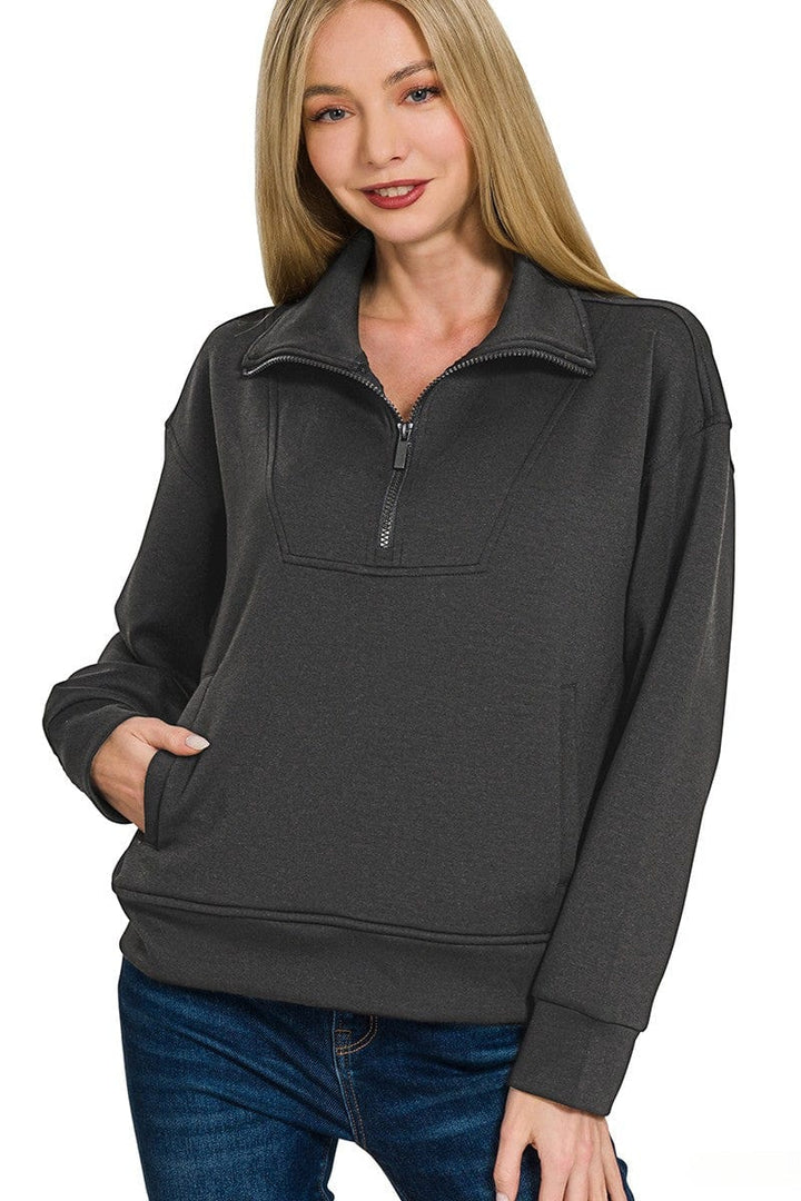 Zenana Scuba Half Zip Pullover with Side Pockets