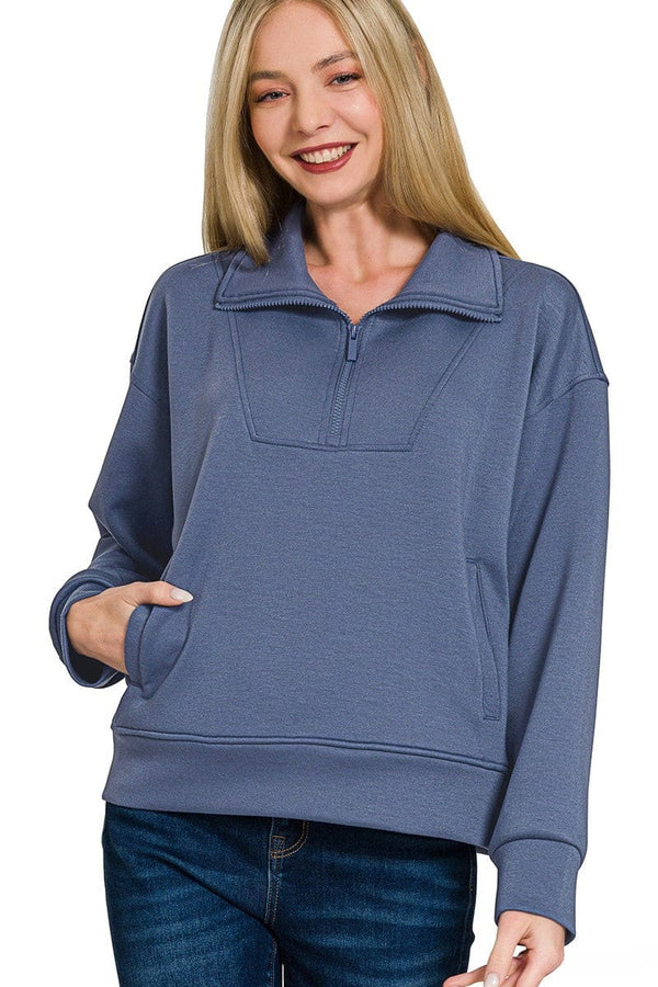 Zenana Scuba Half Zip Pullover with Side Pockets