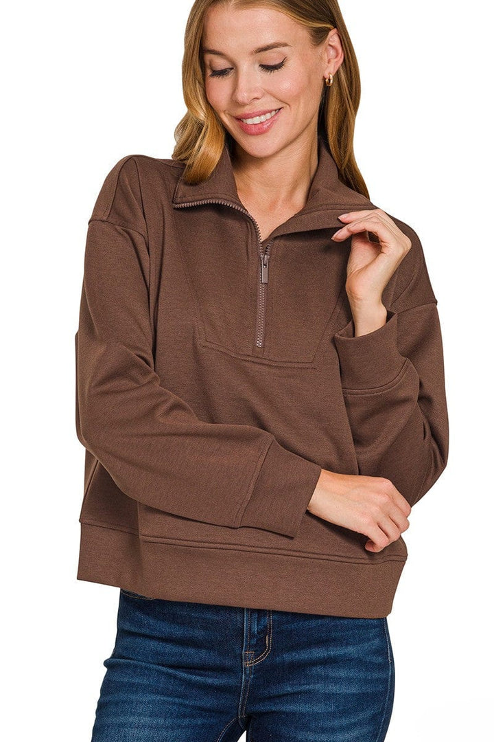 Zenana Scuba Half Zip Pullover with Side Pockets