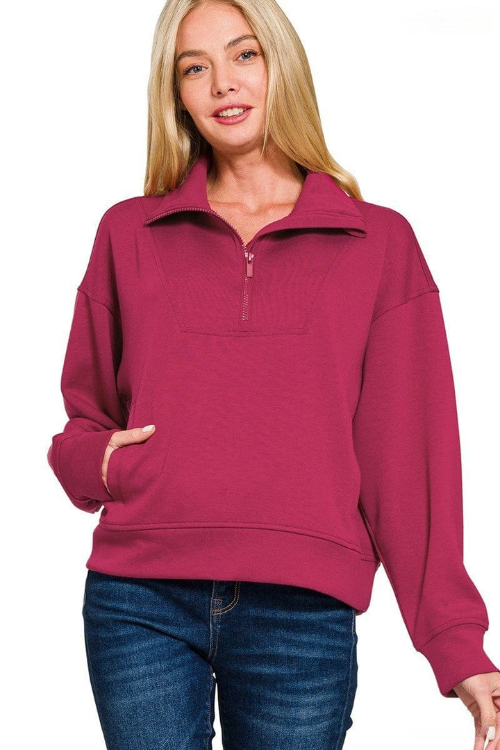 Zenana Scuba Half Zip Pullover with Side Pockets