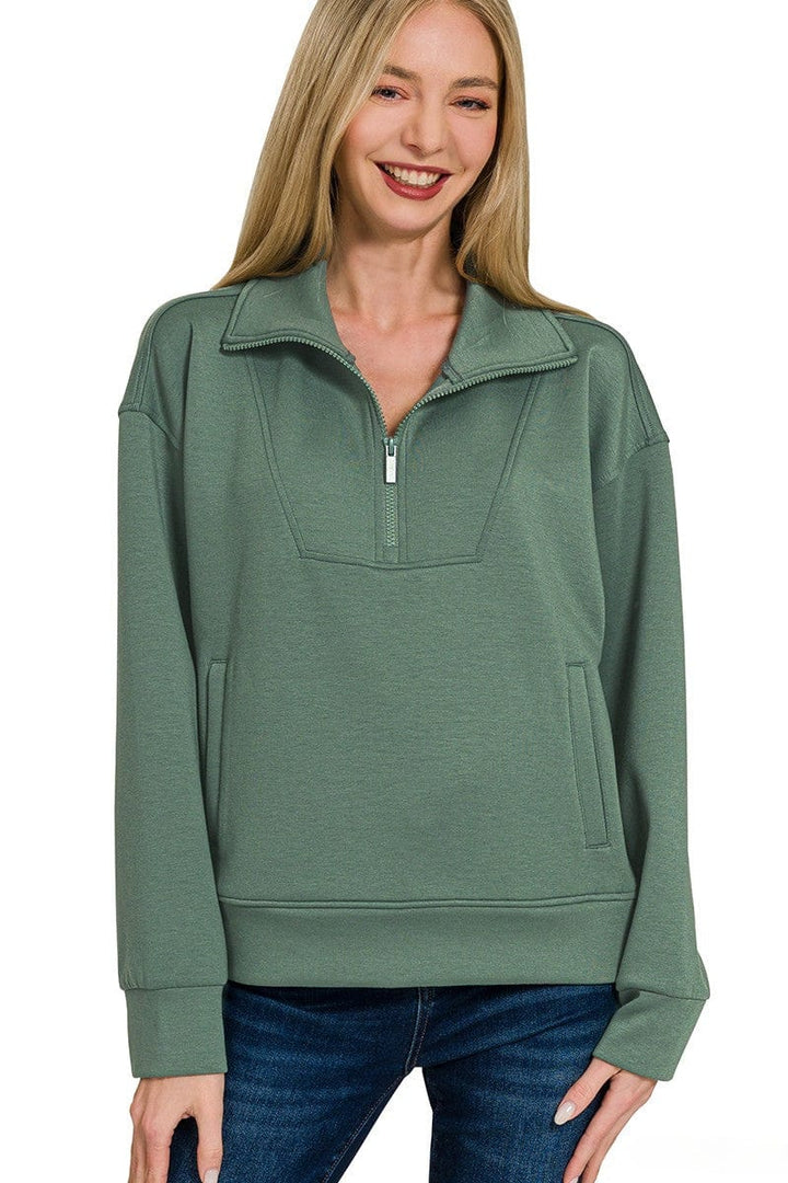 Zenana Scuba Half Zip Pullover with Side Pockets