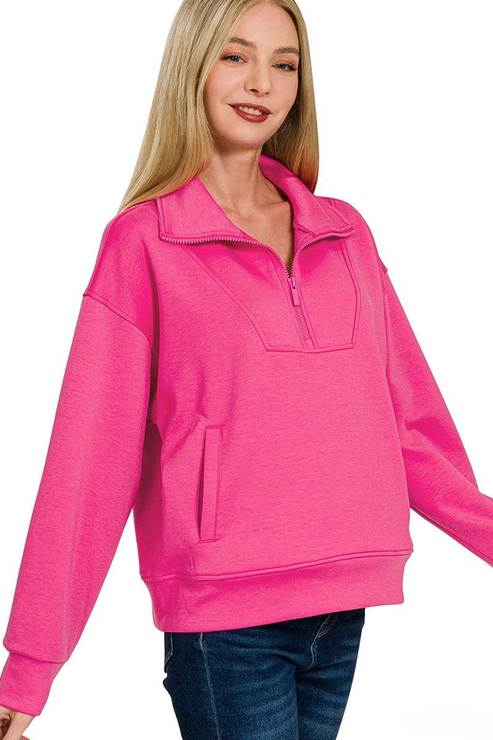 Zenana Scuba Half Zip Pullover with Side Pockets