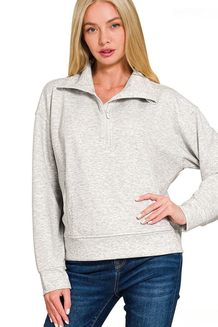 Zenana Scuba Half Zip Pullover with Side Pockets