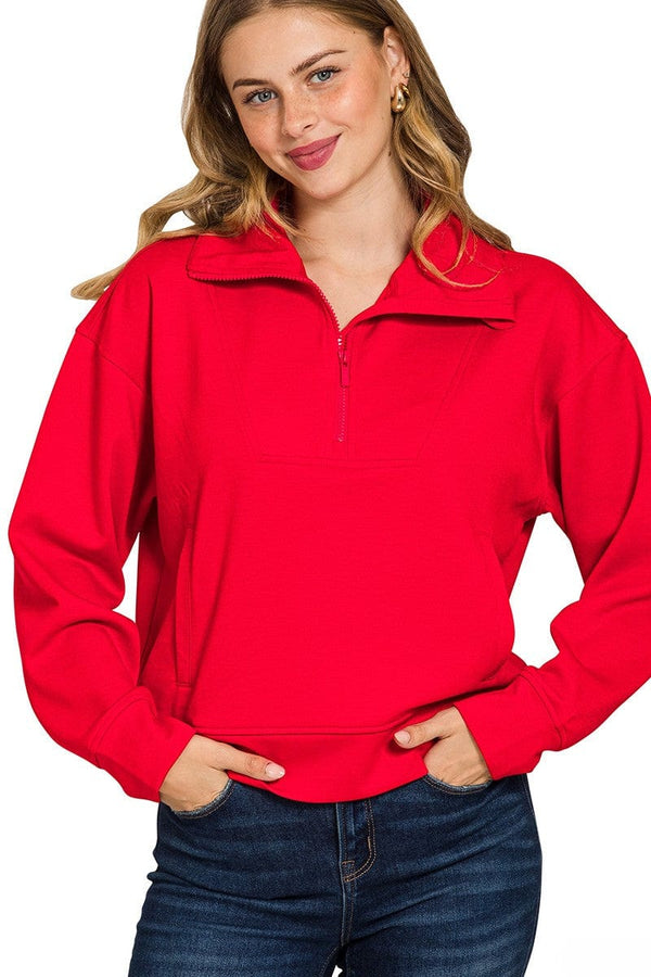 Zenana Scuba Half Zip Pullover with Side Pockets