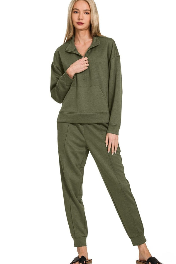 Zenana Scuba Half Zip Sweatshirt and Jogger Pants Set