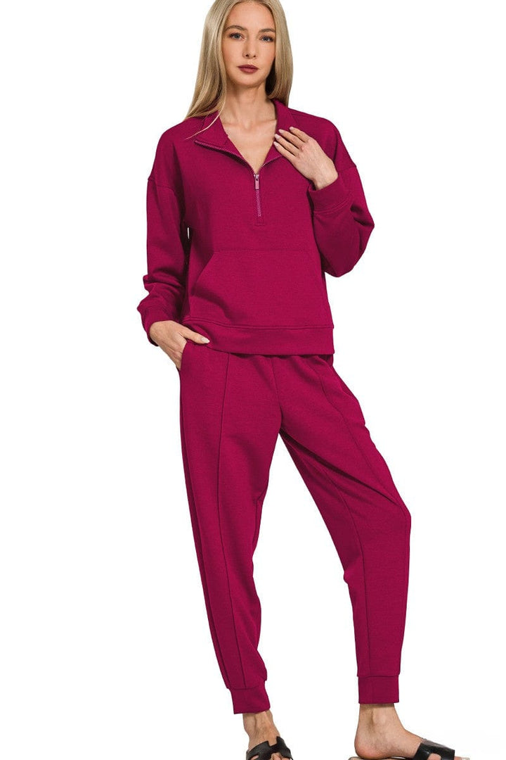 Zenana Scuba Half Zip Sweatshirt and Jogger Pants Set