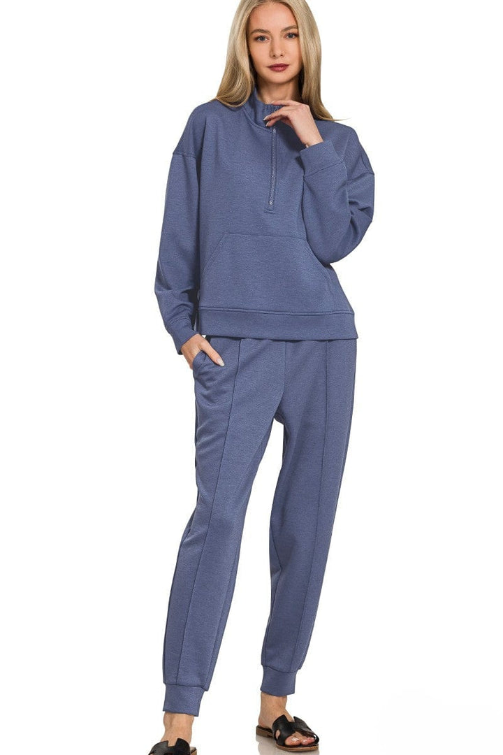 Zenana Scuba Half Zip Sweatshirt and Jogger Pants Set