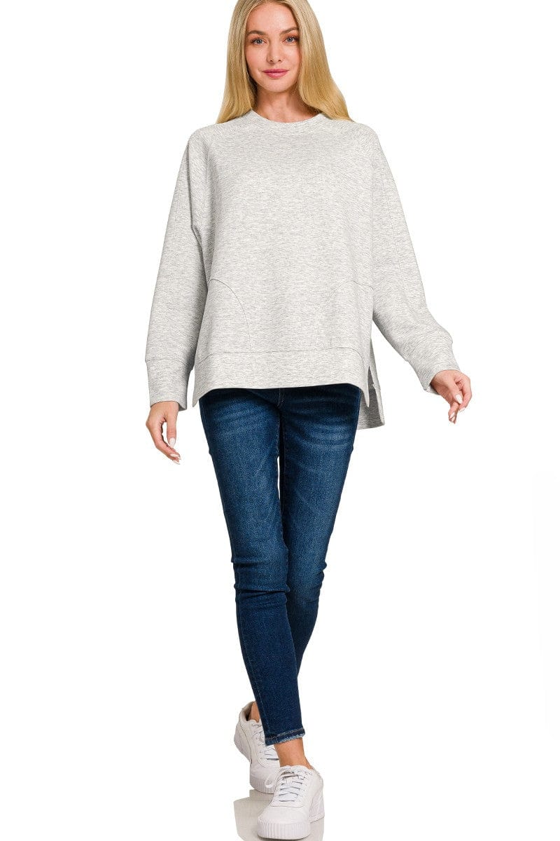 Zenana Scuba Round Neck Pullover Sweatshirt with Side Slit Hemline