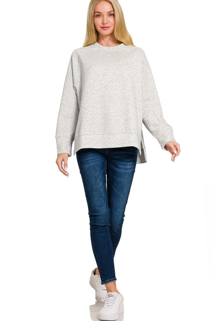 Zenana Scuba Round Neck Pullover Sweatshirt with Side Slit Hemline