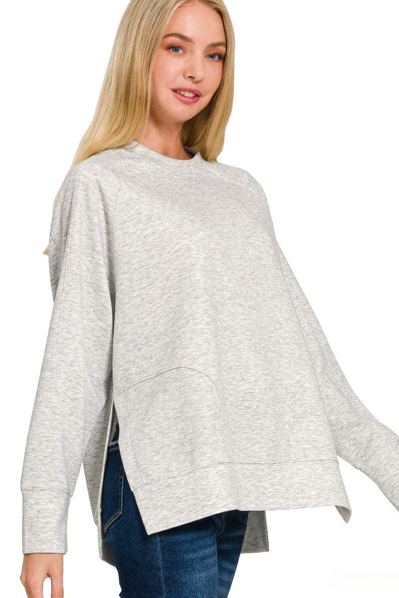 Zenana Scuba Round Neck Pullover Sweatshirt with Side Slit Hemline